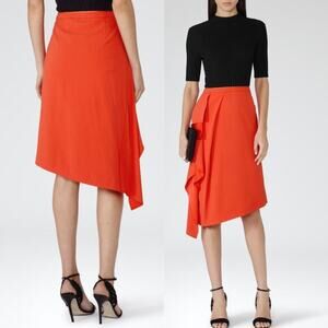 Reiss Womens Dita Waterfall Front Mandarin Bold Orange Draped Crepe Skirt Sz 6